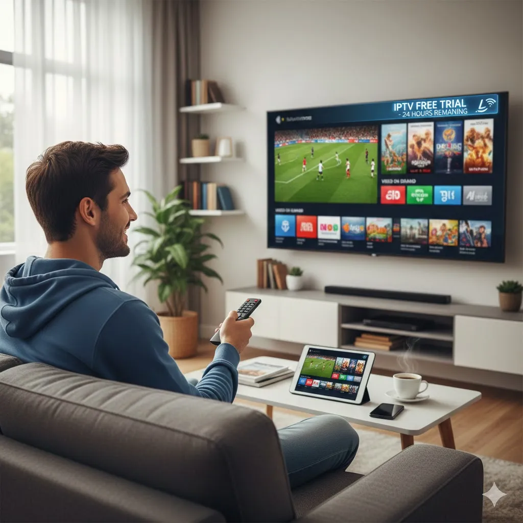 A man sitting on a sofa using an IPTV Free Trial to watch live sports on a large 4K Smart TV.