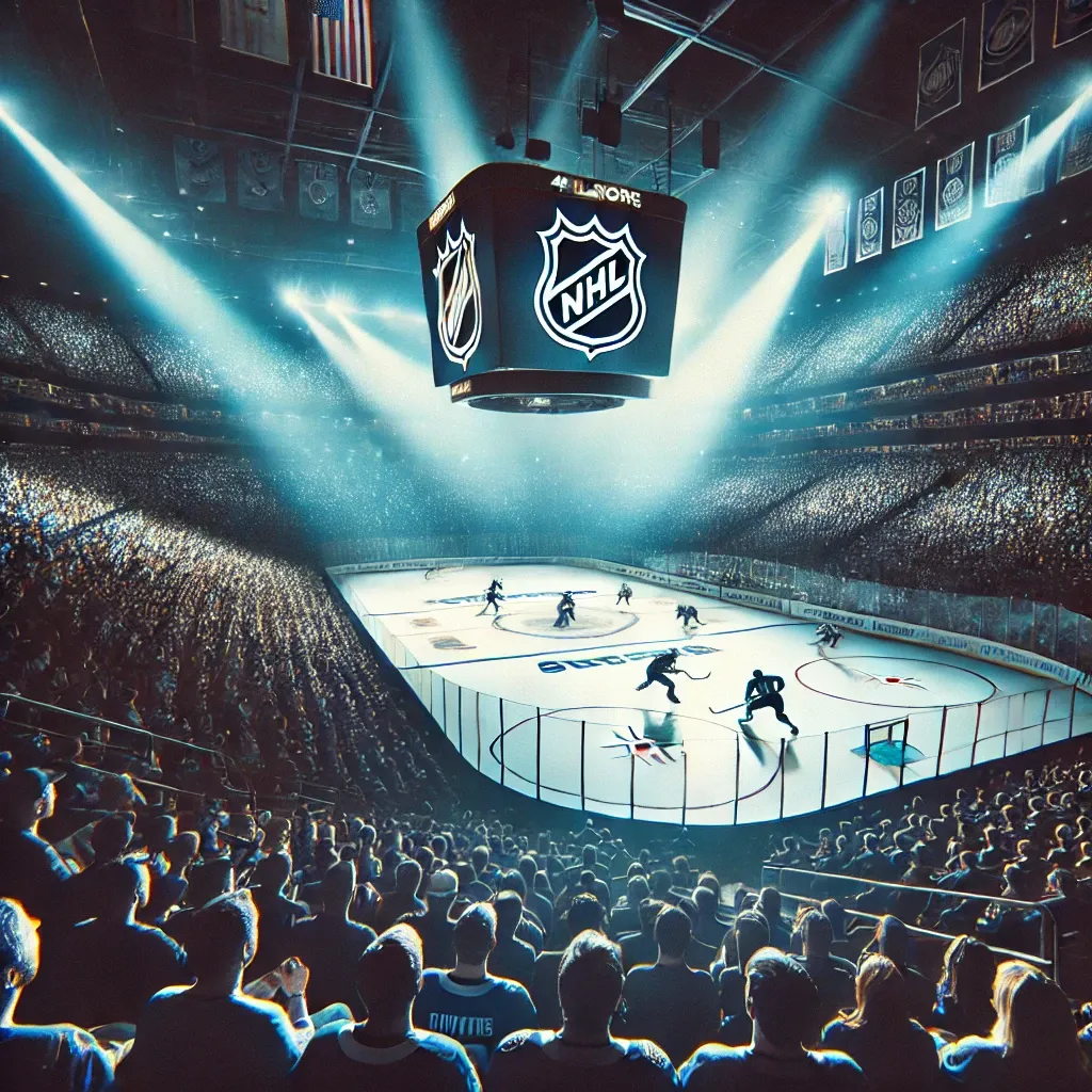 NHL Playoff Game in 4K – A high-quality image of an intense NHL playoff game featuring players skating fast on the ice, a packed arena, and a bright scoreboard, capturing the excitement and detail of the match.