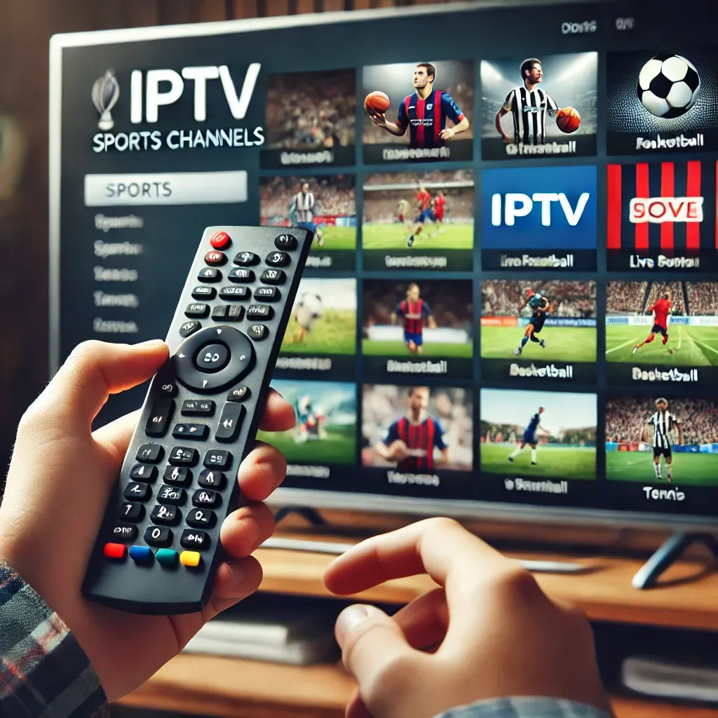 Person holding a remote control, browsing an IPTV interface featuring live sports channels. - iptv providers with sports channels