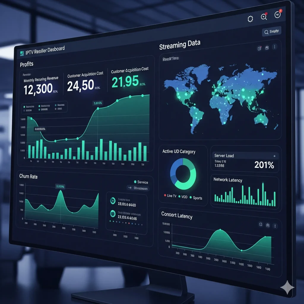 An intuitive dino panel IPTV reseller dashboard displaying key metrics like profits, customer acquisition, streaming data, server load, and network latency, crucial for maximizing profits in an IPTV reselling business.