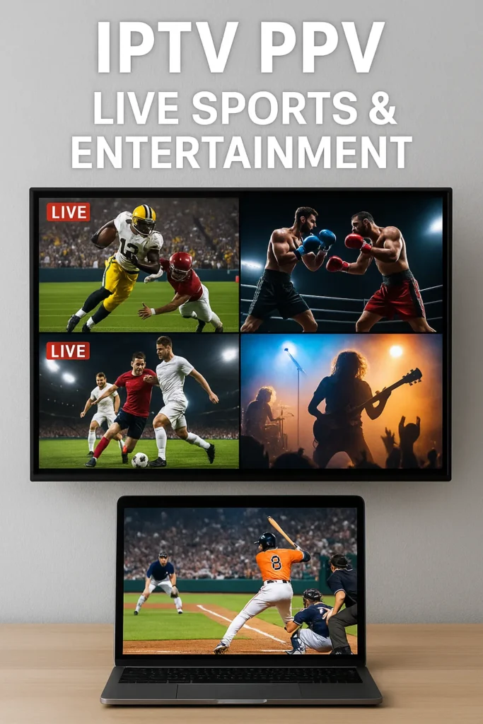 IPTV PPV live sports and entertainment streaming with football, boxing, soccer, concert on TV and a baseball game on laptop.