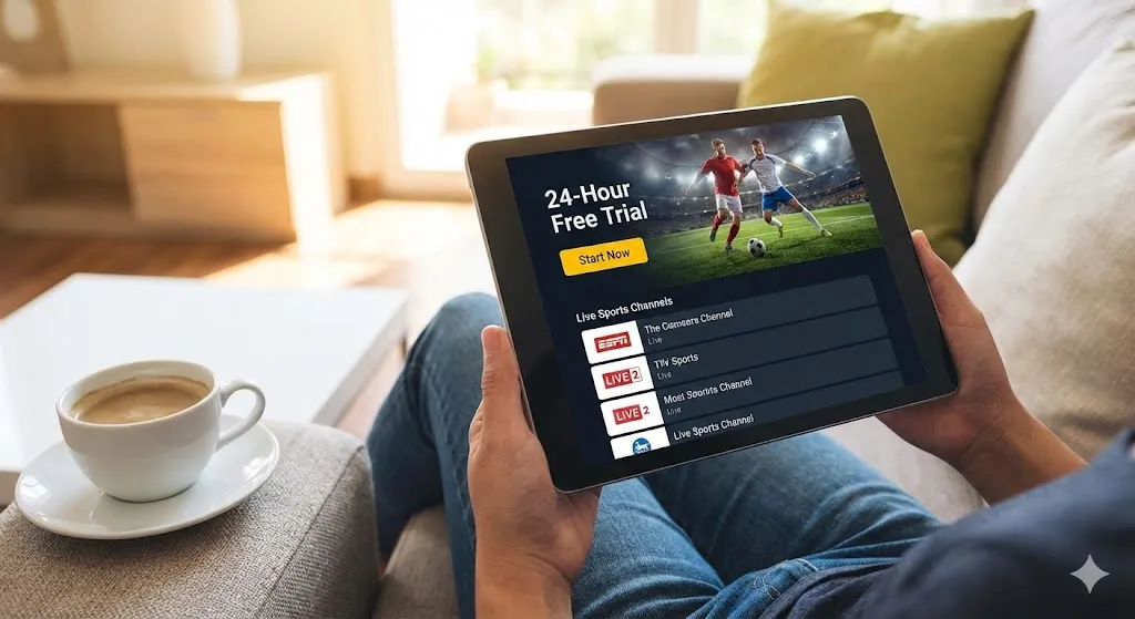 Smart TV displaying IPTV free trial 24 hours interface across multiple devices.