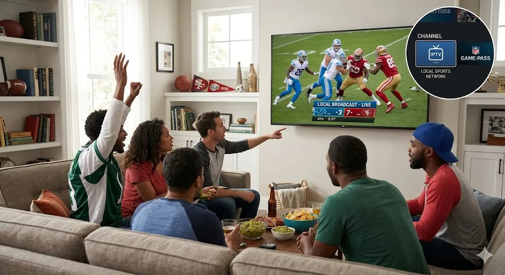 A group of friends enthusiastically cheering while watching a live football game on a large living room TV, featuring an on-screen menu interface that highlights accessing IPTV with local NFL channels
